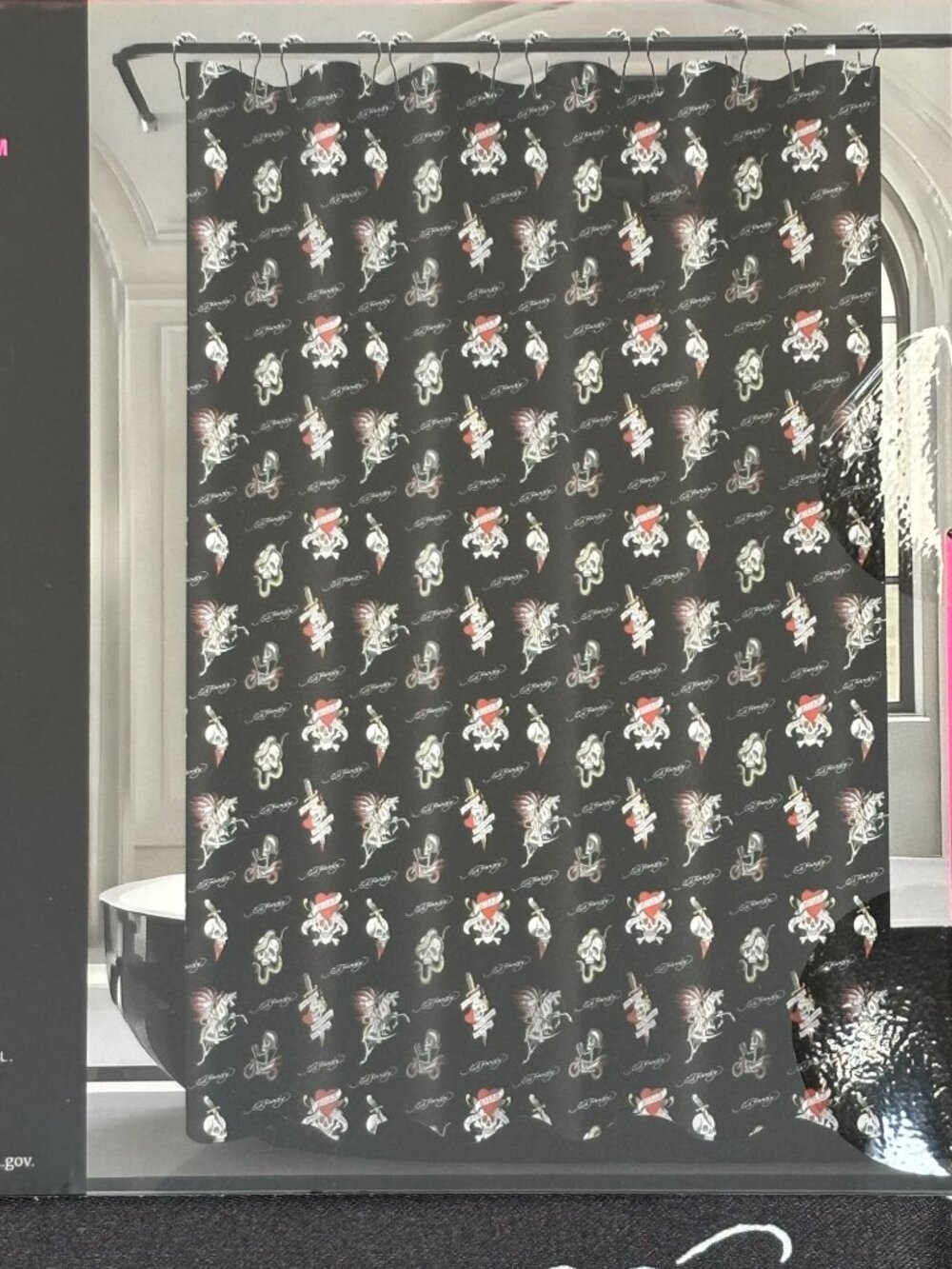 Ed Hardy Shower Curtain Black Satin Printed Skulls Hearts Love Kills Slowly